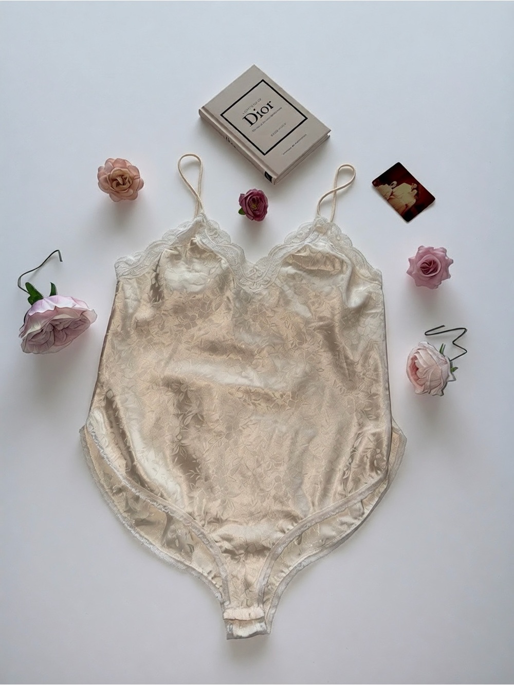 Vintage Christian Dior Lace-Trim Satin Bodysuit